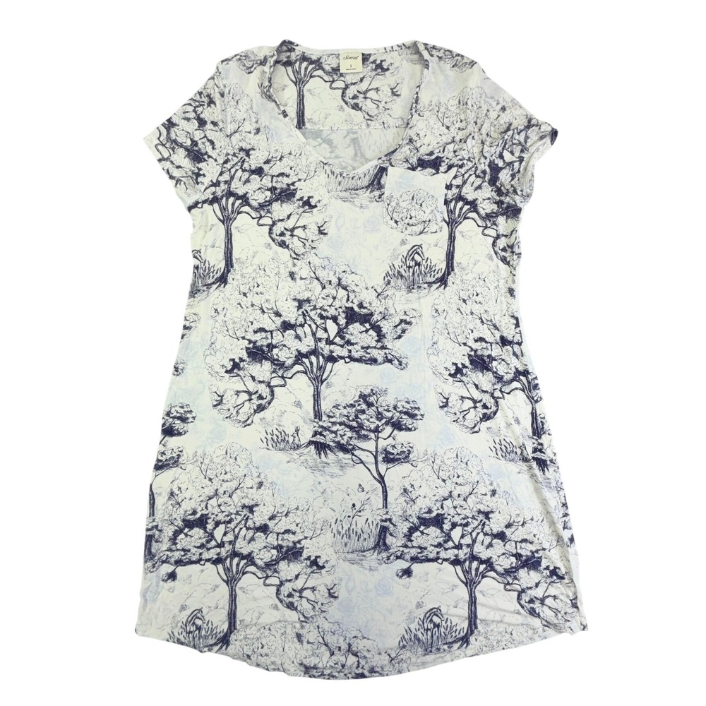Soma Sleep Shirt Women Small White Blue Tree Print Toile Nightgown V-Neck Pocket